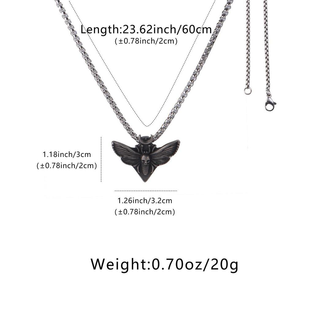 Dark Crescent Moon Skull Moth Triangle Pendant with 304L Stainless Steel Chain