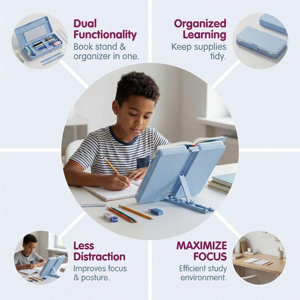 Estantería plegable de doble uso con soporte de lectura ajustable para organizar material de oficina.