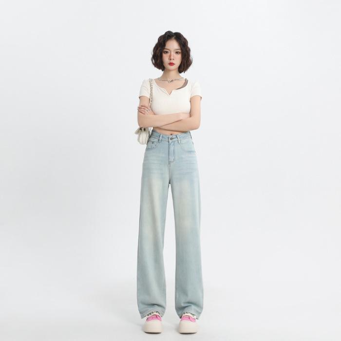 Women's High-Waisted Wide-Leg Light Blue Jeans - Retro Korean Style for Summer 2024