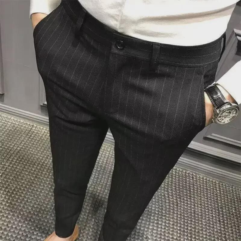 Men's Slim Fit Striped Plaid Trousers - Casual Korean Style with British Flair
