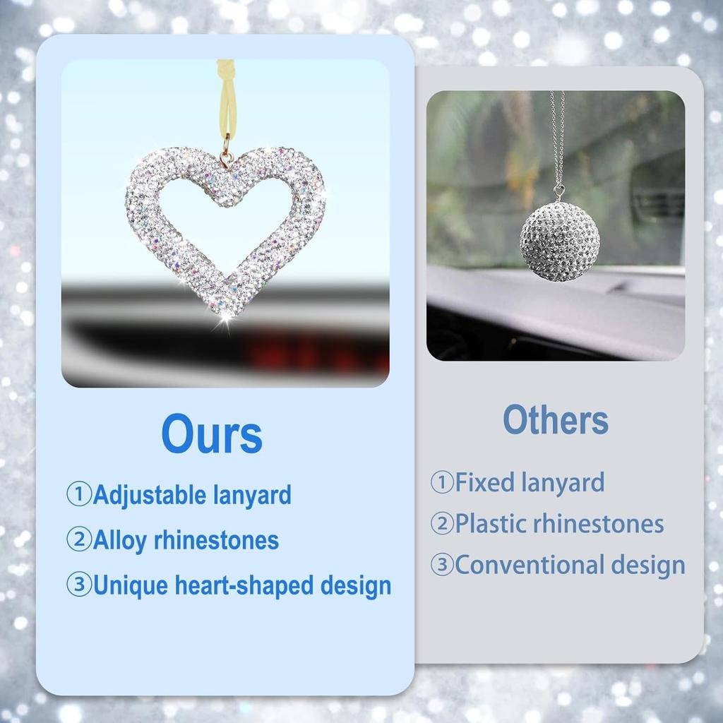 Bling Heart Car Hanging Accessories, Bling Rear View Mirror Accessories, Universal Bling Heart Diamond Car Accessories for Cars, Trucks, SUVs