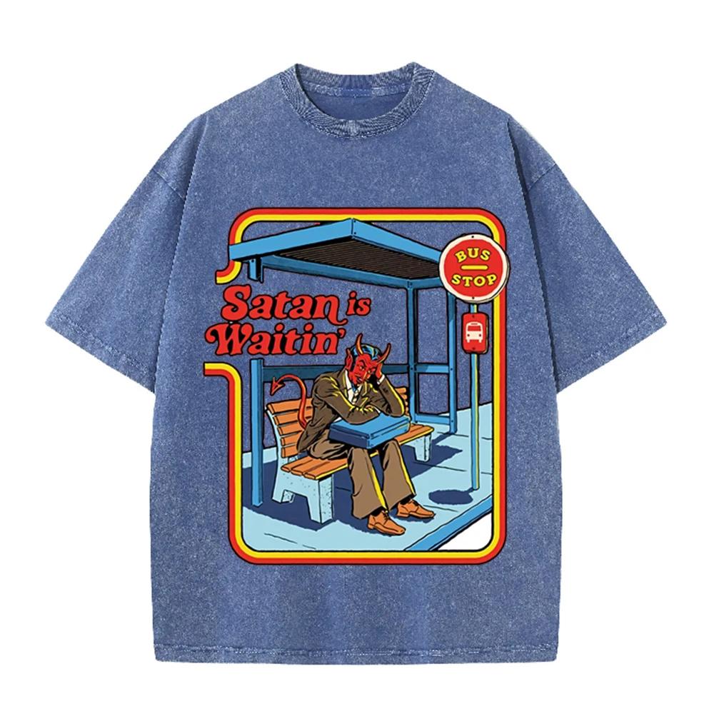 2026 Vintage Satan Is Waitin Bus Stop Graphic Washed T Shirt Men Women Retro Cartoon Oversized Short Sleeve Casual Streetwear Fa