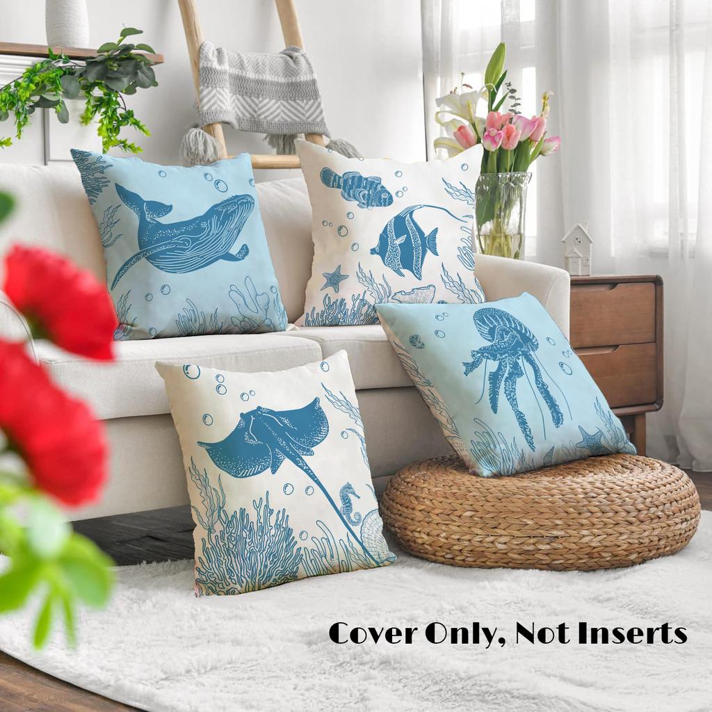 Summer Ocean Series Throw Pillow Covers: Marine Life Shell Seahorse Turtle Print Throw Pillow Covers Set Of 4 - Zipper Closure,