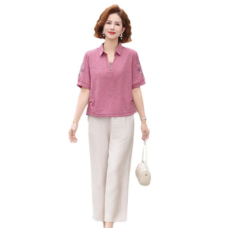 Casual Cotton Linen Short Sleeve T-shirt for Women - Loose, Breathable Summer Top with Lapel for Middle-aged and Elderly.
