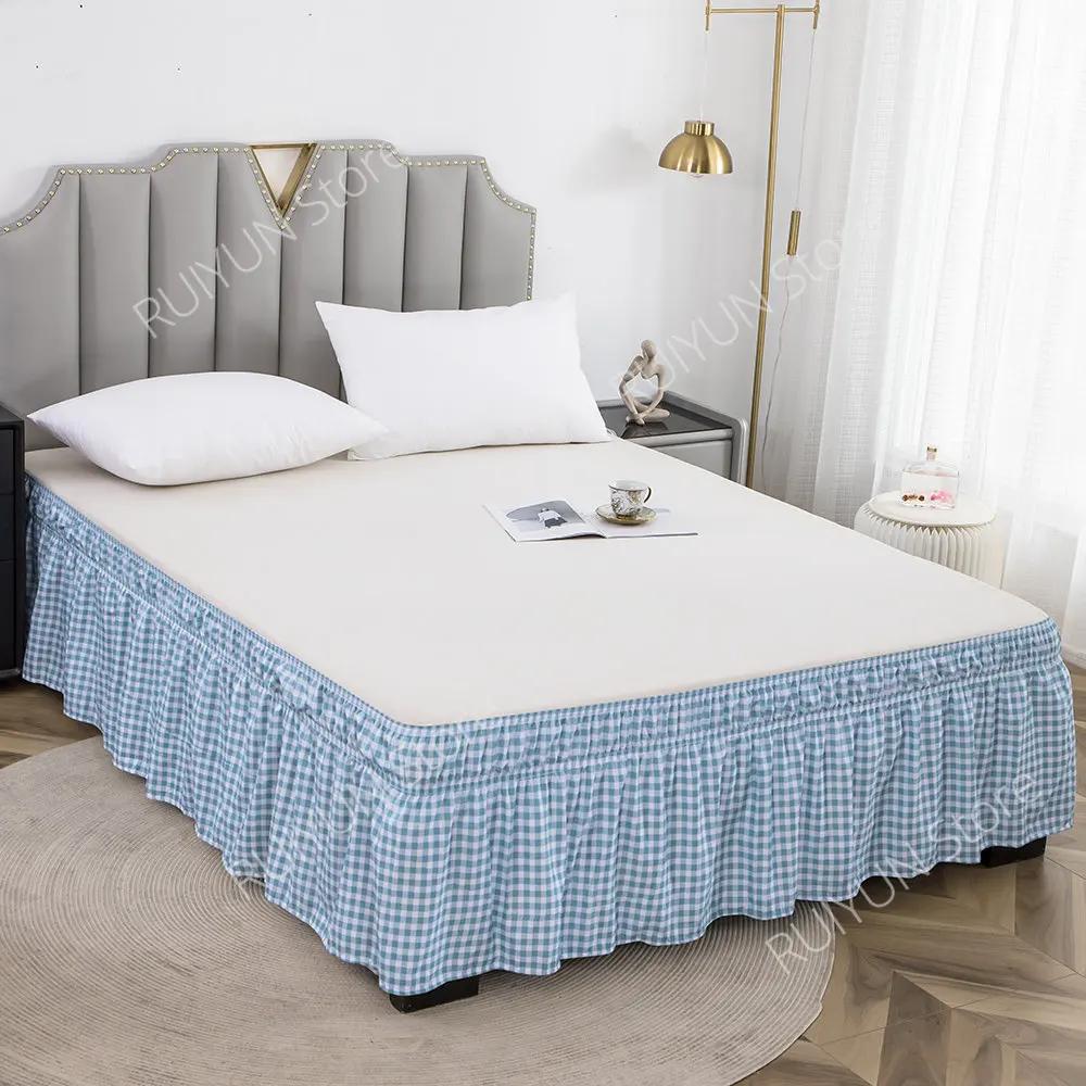 Home Kostkovaná postelová sukně bez povrchu Elastická páska Postelová sukně Omotávka kolem nařasená postelová sukně Couvre Lit Twin /Plná/ Queen/ King