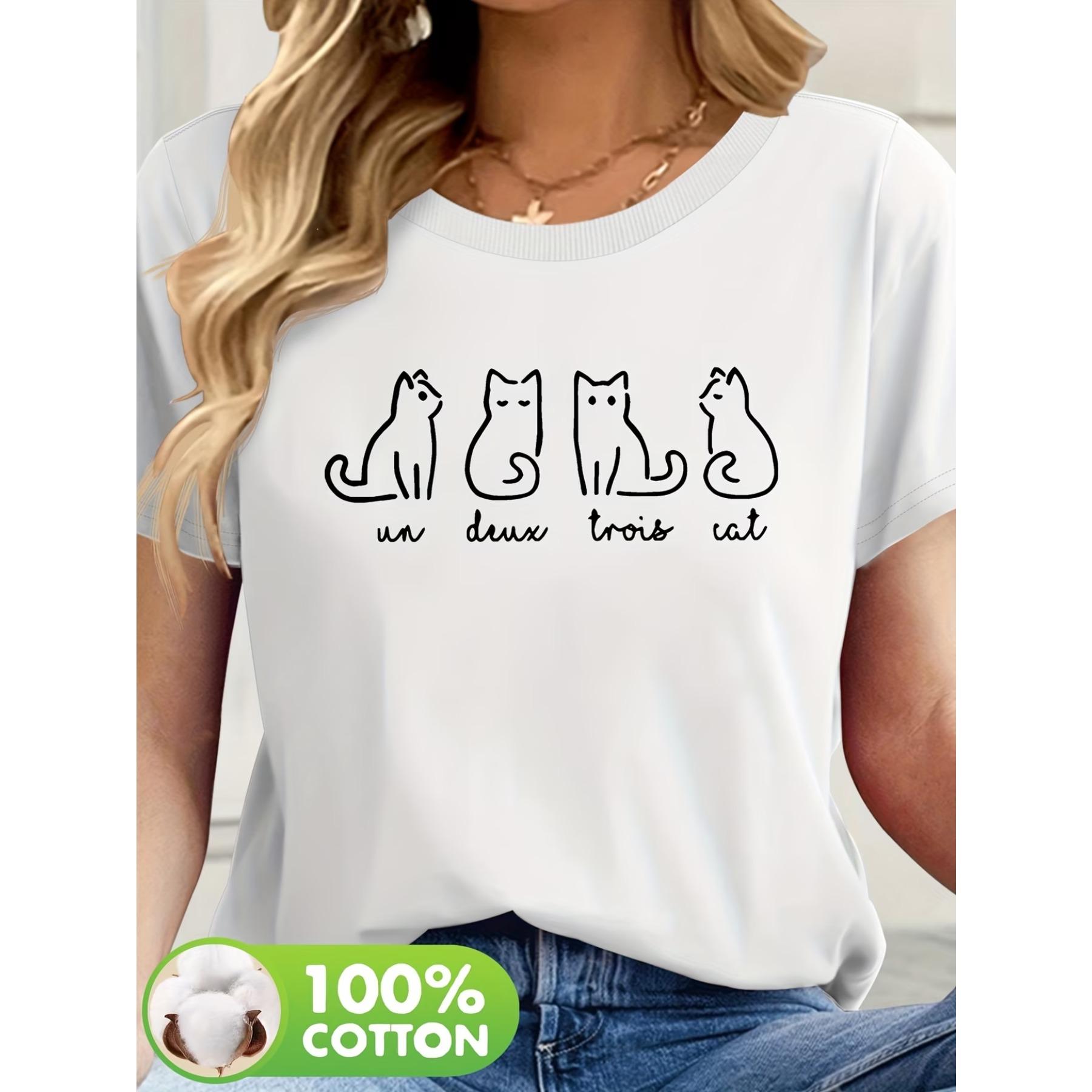 

Cats Pattern Printed Casual Round Neck Short Sleeve T-shirt Summer New Women s Wear T46 S белый