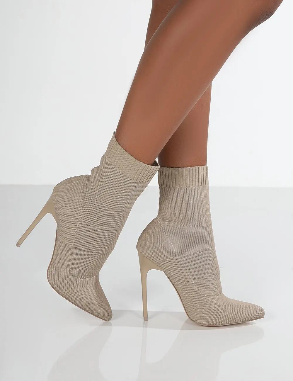 

Модные женские сапоги короткие туфли на высоком каблуке для женщин осень-зима Botas Mujer вязаные ботильоны черные носки женские сапоги на каблуках женские 36 бежевый