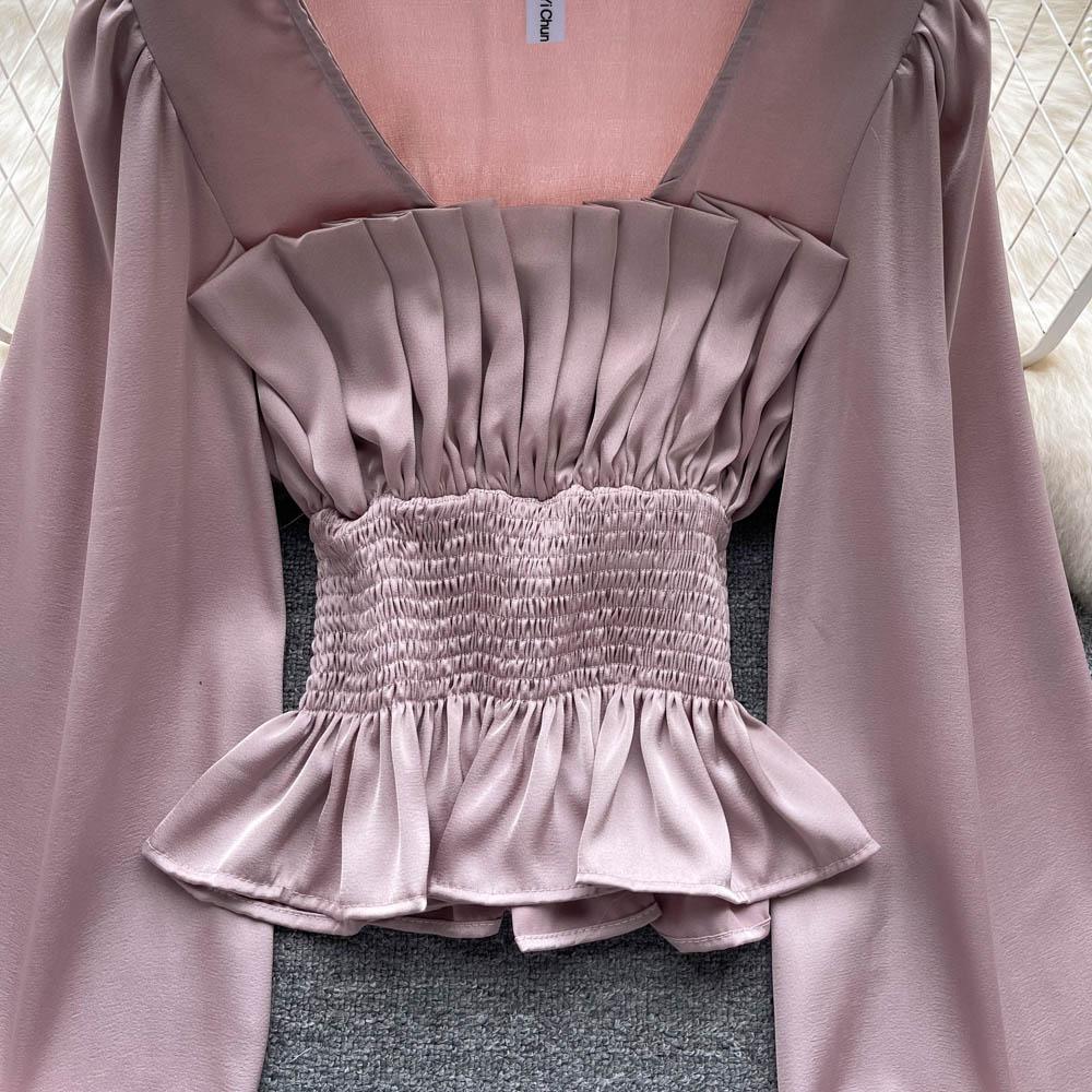 RUGOD Dámská podzimní košile s úzkým pasem a čtvercovým límcem, krásná košile s dlouhým rukávem