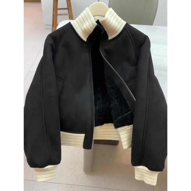 Coffee short coat women's loose and versatile thickened warm temperament jacket