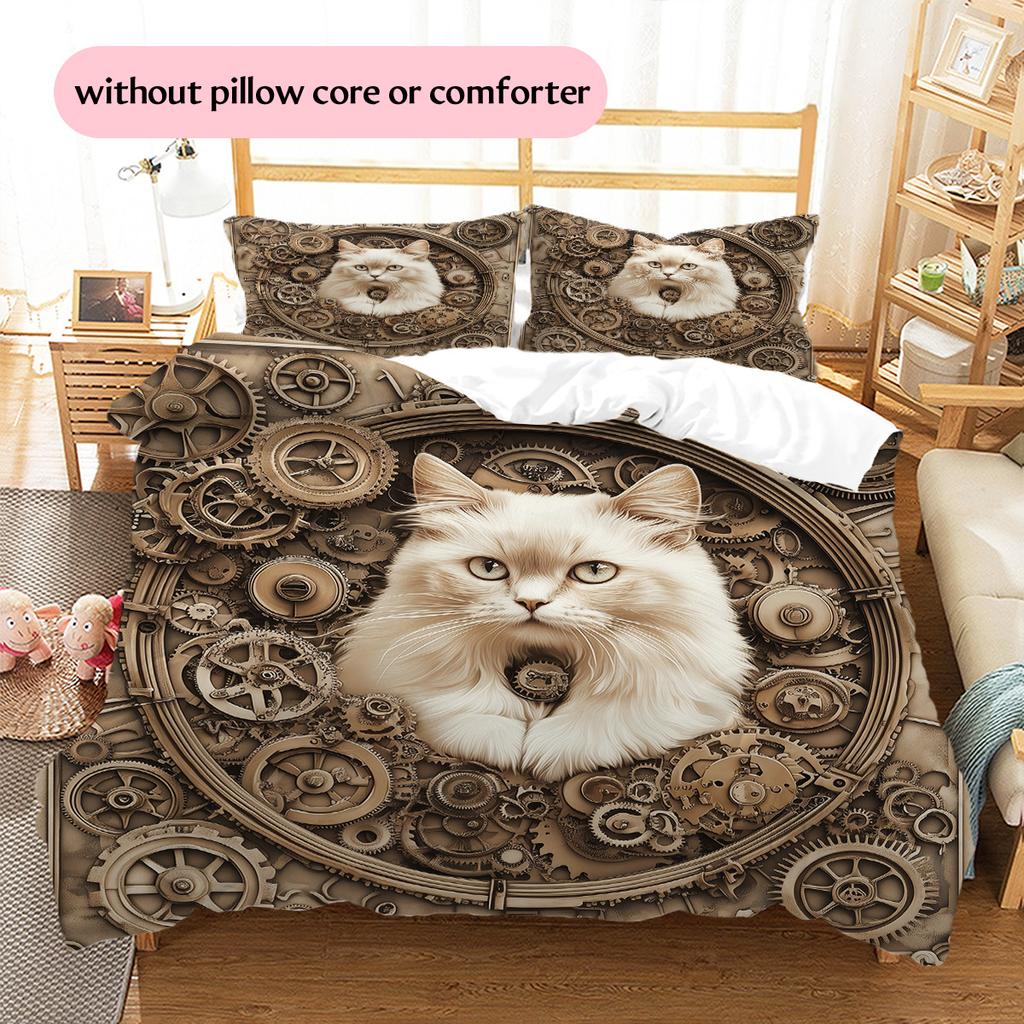 Gear Cat Pattern Bedding Quilt Set Quilt Cover Pillowcase Home Decoration Gift (1 * duvet cover + 2 * pillowcase, without core)