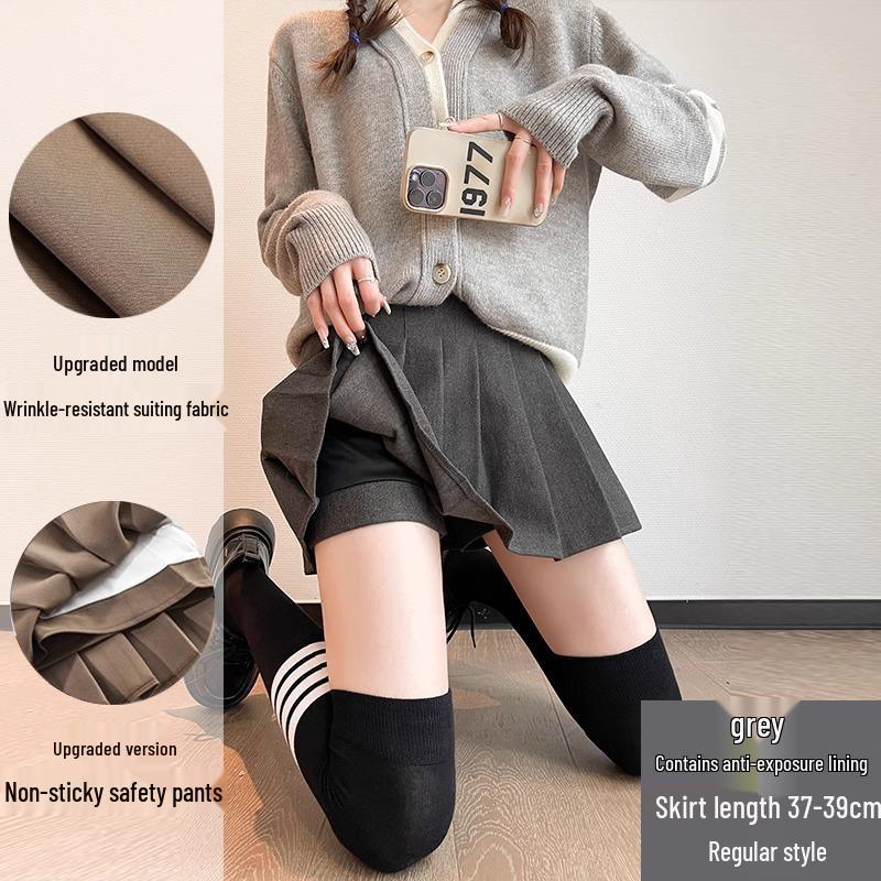 Women's High Waist Dark Gray Wool Plaid Pleated Skirt - Slimming Spring/Autumn 2026 Collection, JK Short Skirt