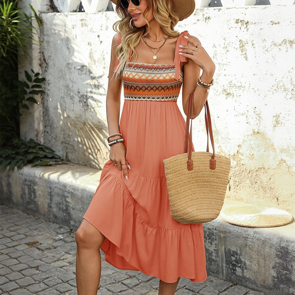 Women's Summer Maxi Dress Casual Bohemian Sleeveless Printed Square Neck Multi- Long Beach Sundress