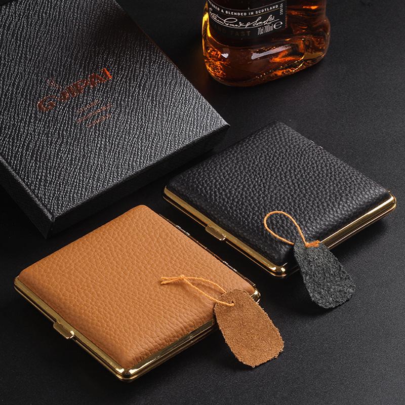 Elegant Cowhide Cigarette Case - 20-Piece Capacity, Men's Fashionable Moisture-Proof & Pressure-Proof Storage Box.