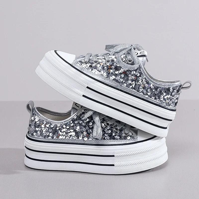 Women Canvas Vulcanized Shoes 2024 New Student Sequins With Thick Bottom Flats Running Shoes Sequin Female Casual Sneakers