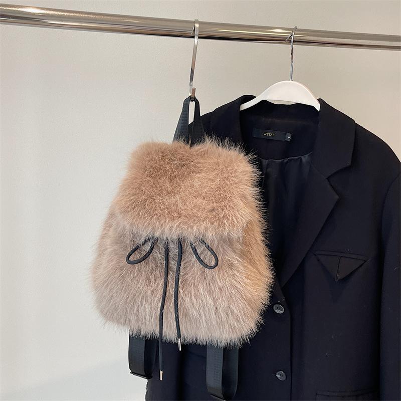 New plush backpack imitation rabbit fur backpack student girl large capacity drawstring casual solid color bag