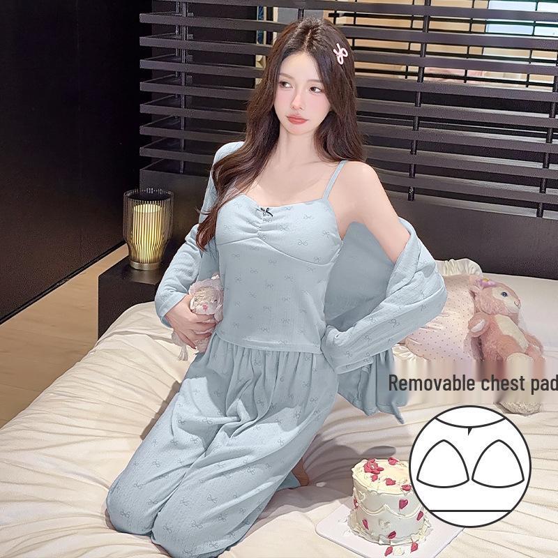 Women s Sweet & Sexy Jacquard Cotton Pajama Set: Camisole, Cardigan & Long Pants for Spring/Summer XL