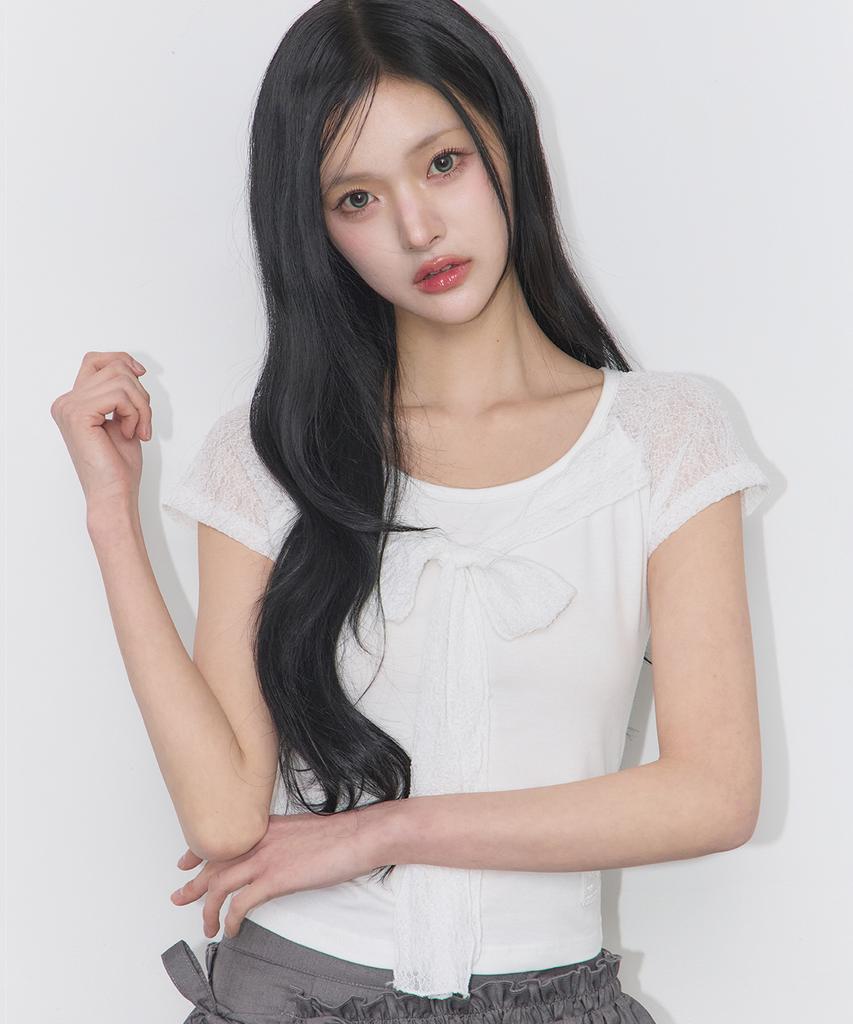 ILLIGO Lace Ribbon Color Block T-Shirt White