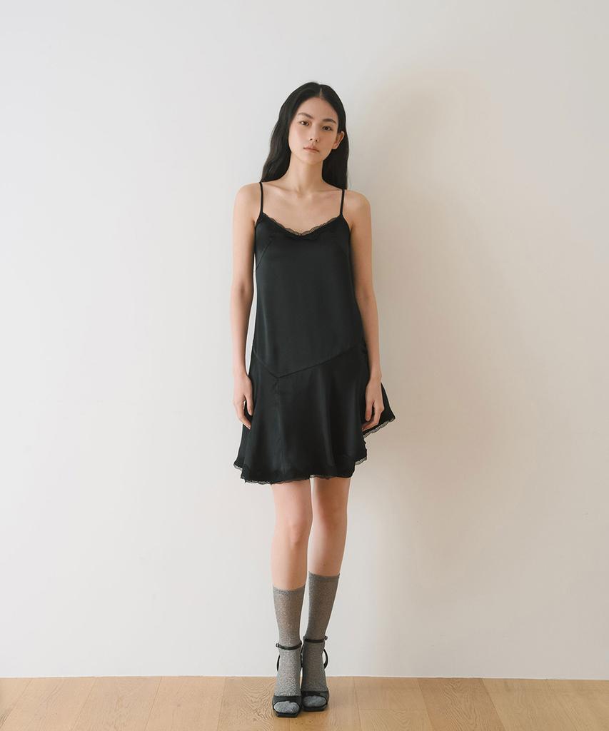 Ieoning Lace Shirring Slip Mini Dress, Black