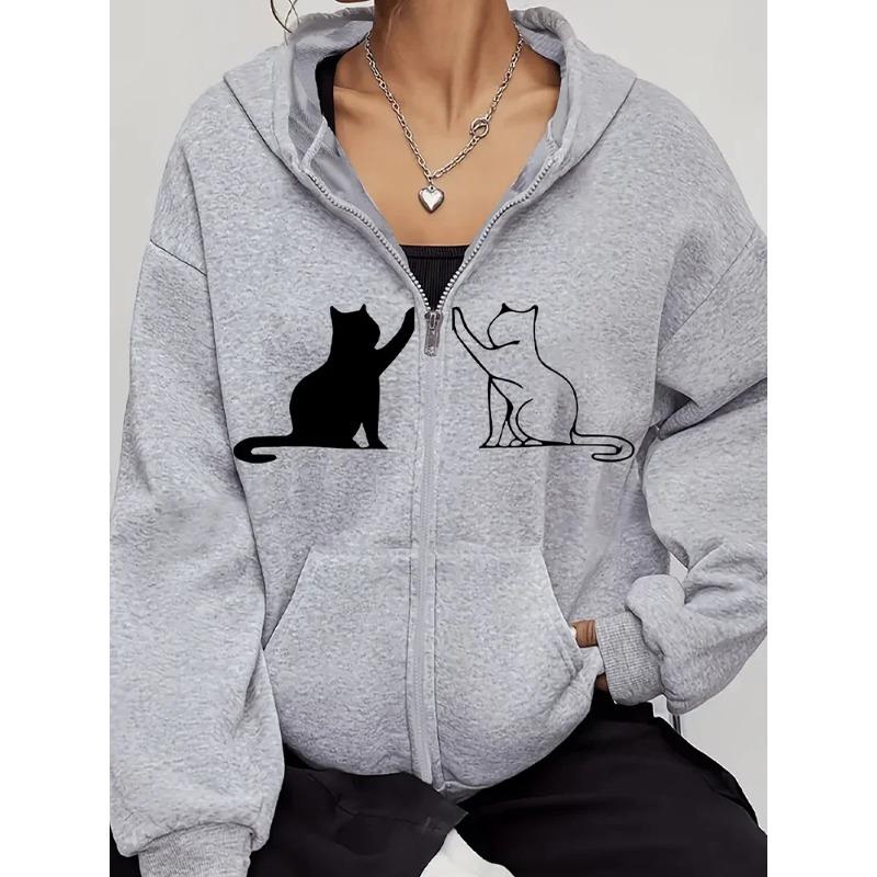 Harajuku Women's Sweatshirts Long Sleeve Zip-Up Casual Jacket with Cat Prints, Suitable for All Seasons Women'S Apparel Hoodie