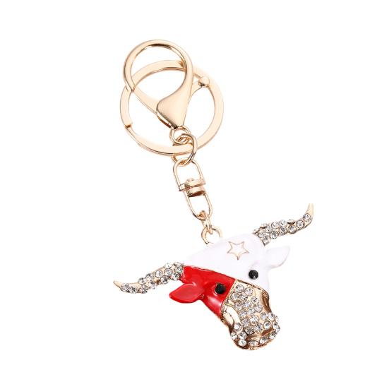 Creative Bull Head Keychain Alloy Animal Pendant with Colored Rhinestone Lobster Clasp Stylish Accessory for Keys Bags Backpacks Gift