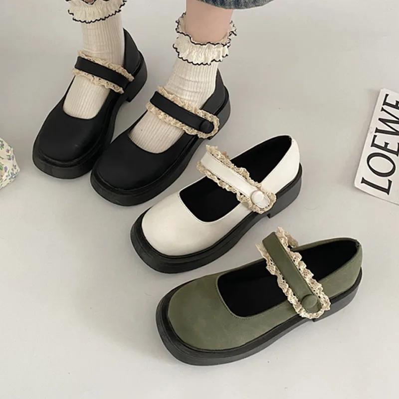 Women Heels Sweet Lace Trim Round-toe Pumps Hook & Loop Buckle Straps Mary Jane Shoes Fashion Platform Wide Heel Lolita Shoes