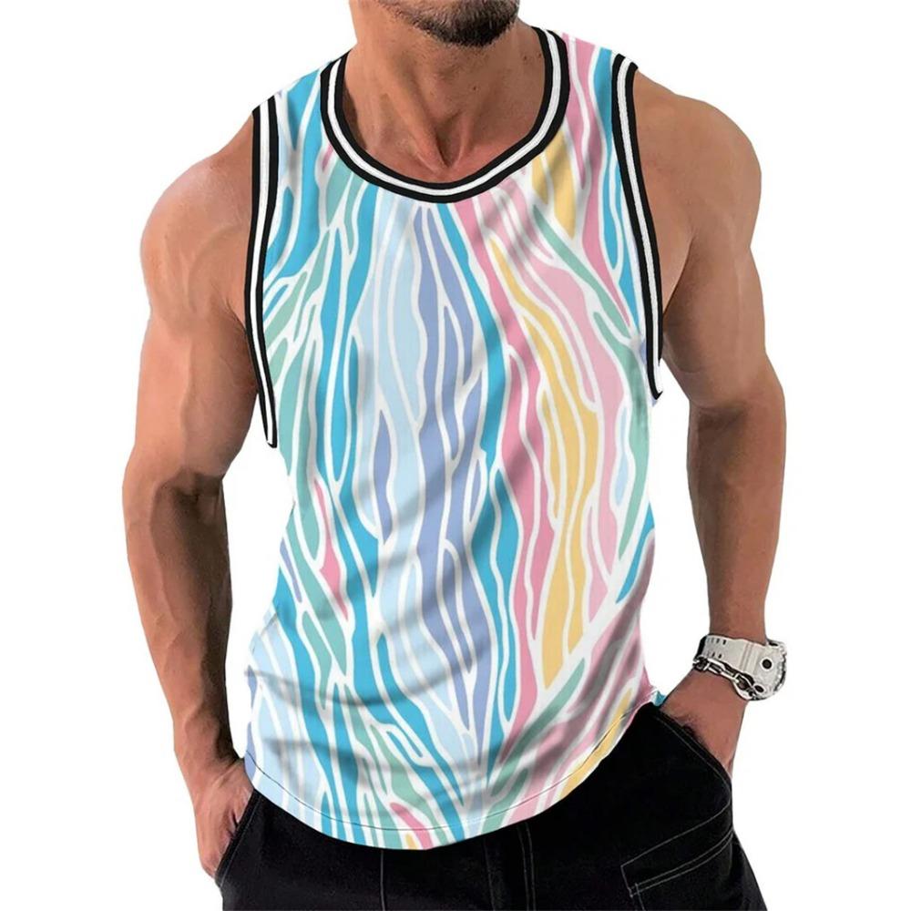 Canottiere a Strisce Colorate Semplici Stampa 3D Uomo Estate Senza Maniche Casual Gilet Sportivo Girocollo Traspirante Magliette Oversize Top