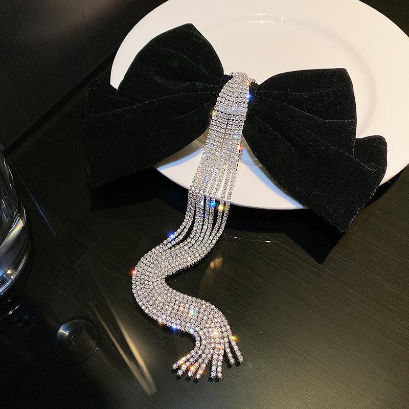 Velvet bow headgear hairpin autumn and winter top clip tassel flash diamond spring clip hairpin hair accessories