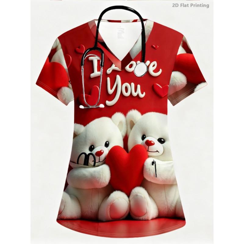 Ladies  short sleeved pocket fashionable V-neck nurse work uniform, modern minimalist style, high-definition printed pattern S