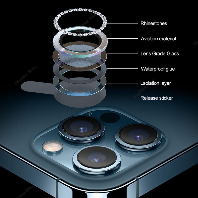Diamond Lens Glass for IPhone17 16 15 14 13 12 11 Pro Max Camera Protector Cover for IPhone 14 Plus 14Pro Max Metal Ring Lens Glass Case