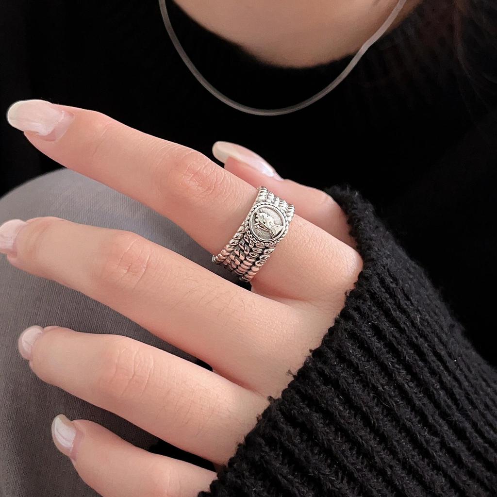 Yinruitai S925 Sterling Silver Wide Band Ring: Women's Retro Fashion Open Finger Ring, Trendy Index Finger Accessory.