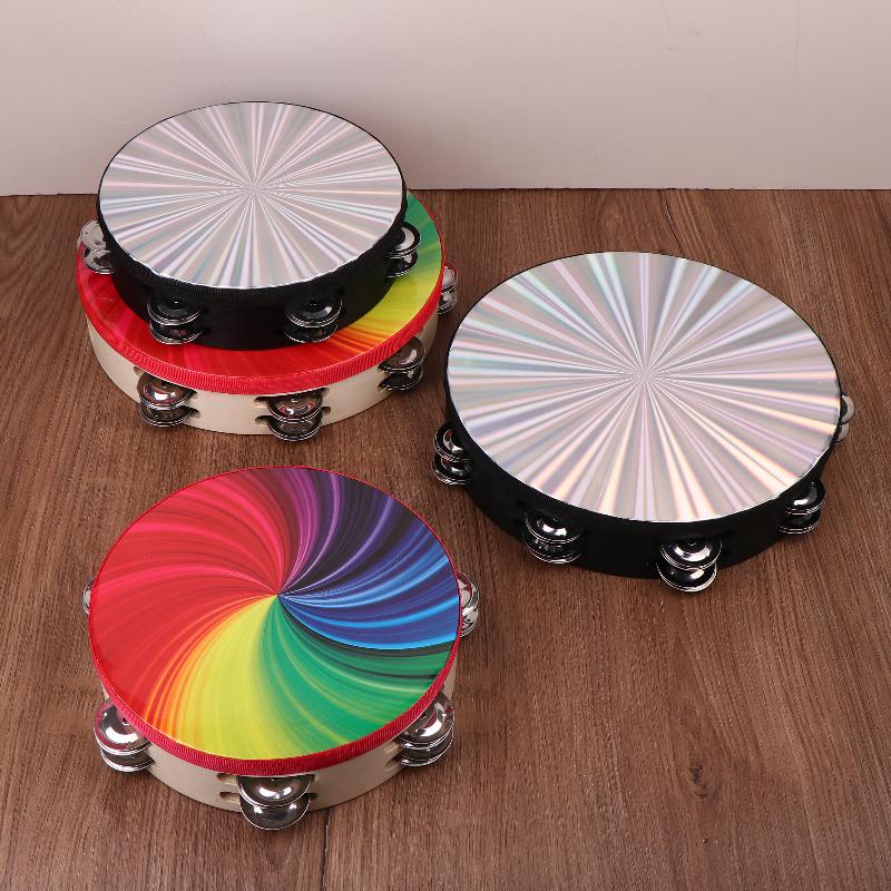 8/10 In Wooden Tambourine Handbell Hand Drum W/ Double Row Jingles Laser/Rainbow Drum Head Musical Percussion Instrument