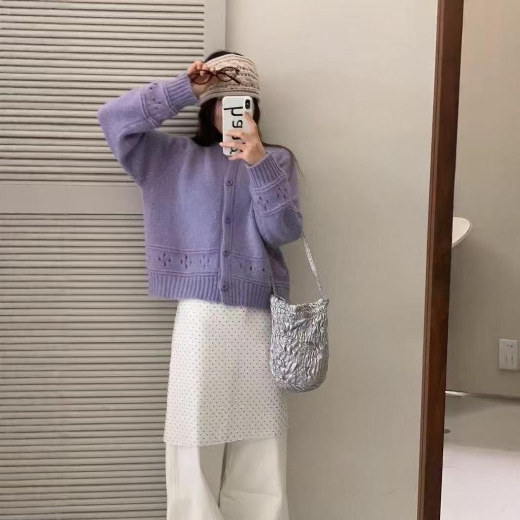 Korejský trendy volný jednoradový kabát: Dámský pletený kardigan s kulatým výstřihem a dutým vzorem podzim/zima