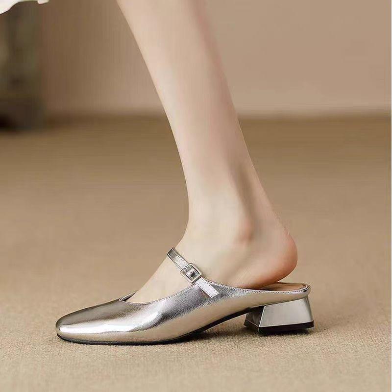 Women s Chunky Heel French-Style Soft Leather Square-Toe Mules 34 серебряный 2867₽