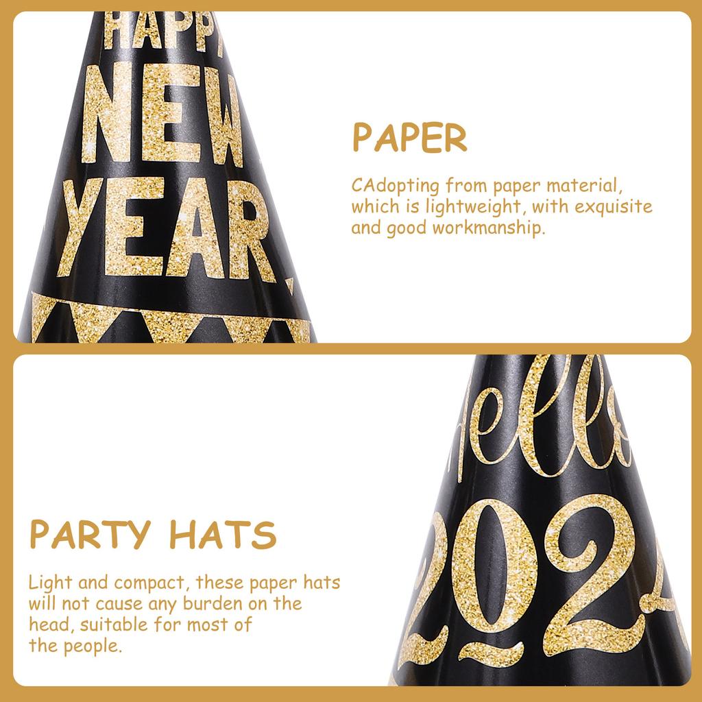 6Pcs Black Gold New Year Party Hats Paper Cone Hats Adults Lightweight Comfortable Design Suitable for Countdown Parties Family