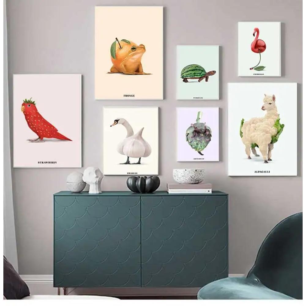 Funny Fruit Animal Poster, Kitchen Canvas Painting, Garlic, Goose,Cauliflower, Sheep Wall Picture, Living Room Decor