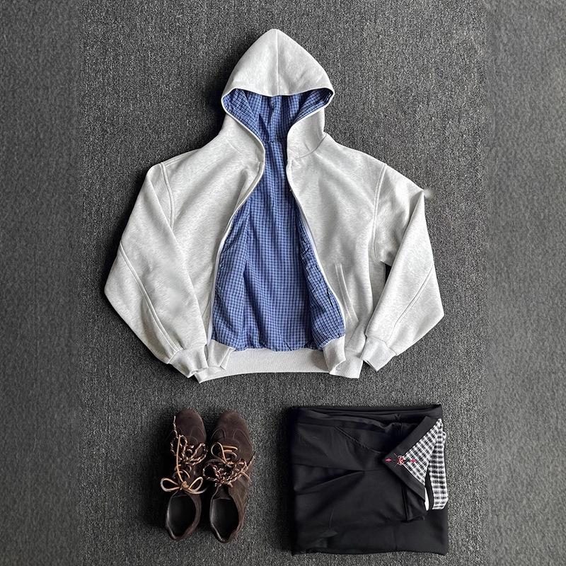 

Light Gray Hooded Cardigan Sweater Men s Autumn and Winter Plaid Design with Coat on Both Sides. M