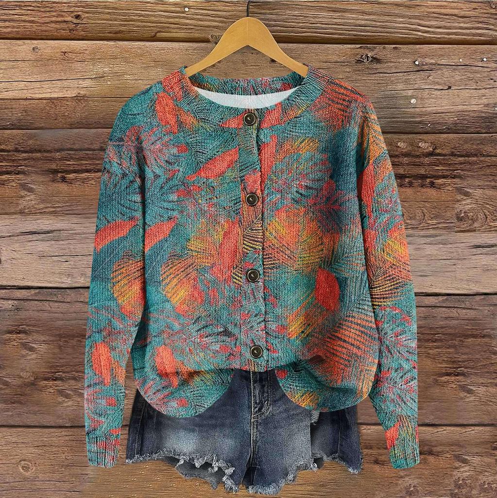 Women's Vintage Knit Button Vintage Floral Stripe Print Cardigan Jacket
