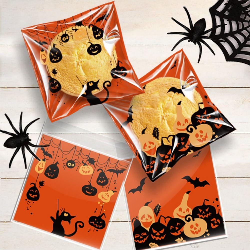 100Pcs Self-adhesive Trick or Treat Bags Plastic Candy Cookie Bags Halloween Candy Bags  Party