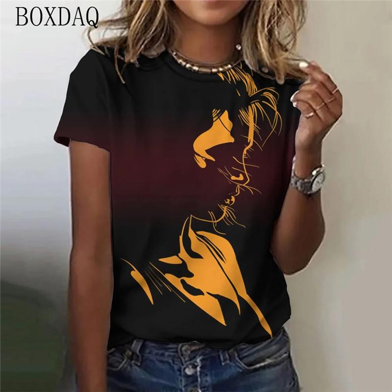 

Women Fashion T-Shirts Short Sleeve Hand-Painted Character Face 3D Print Streetwear Ladies T-Shirt Summer O-Neck Casual Tops XXS