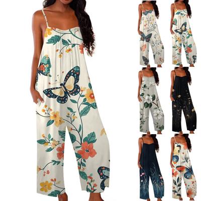 Women's Floral Print Sleeveless Wide-Leg Jumpsuit Casual Loose Fit Summer Romper with Adjustable Straps