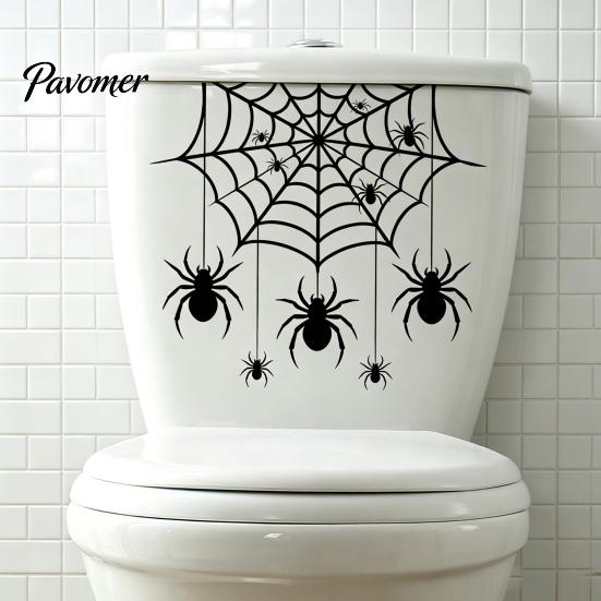 Indoor Party Atmosphere Props Halloween Spider Web Toilet Seat Sticker, Self-Adhesive Black Spiders Lid Moisture Proof Ceramic Tile Decals Decal,