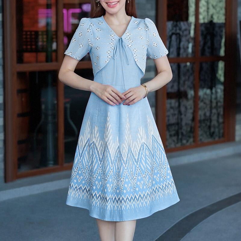 

ZANZEA Женское летнее платье на шнуровке с V-образным вырезом, повседневное, с коротким рукавом и принтом 5XL синий