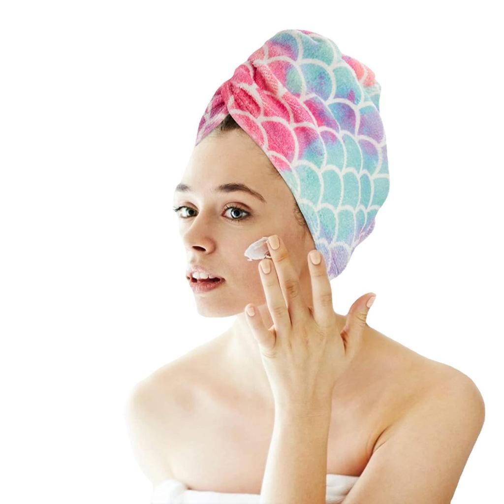 Mermaid Print Quick-Dry Hair Cap - Ultra-Fine Fiber Hair Drying Headscarf with Fish Scale Design