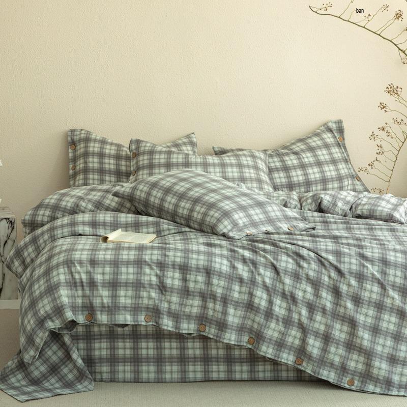 Double-Layer Plaid Bedding Set: All-Season Button-Down Stripe Duvet Cover, Student Dorm Bed Sheet, 3-Piece Set