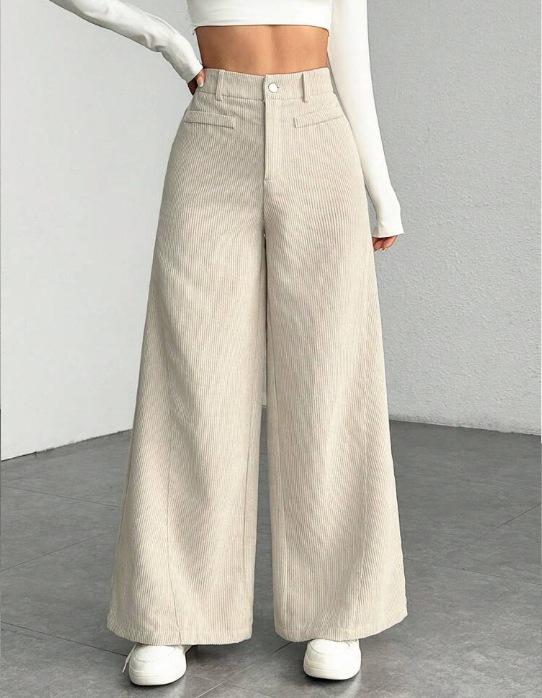 Women High Waisted Corduroy Loose Wide Leg Casual Long Pants S абрикосовый