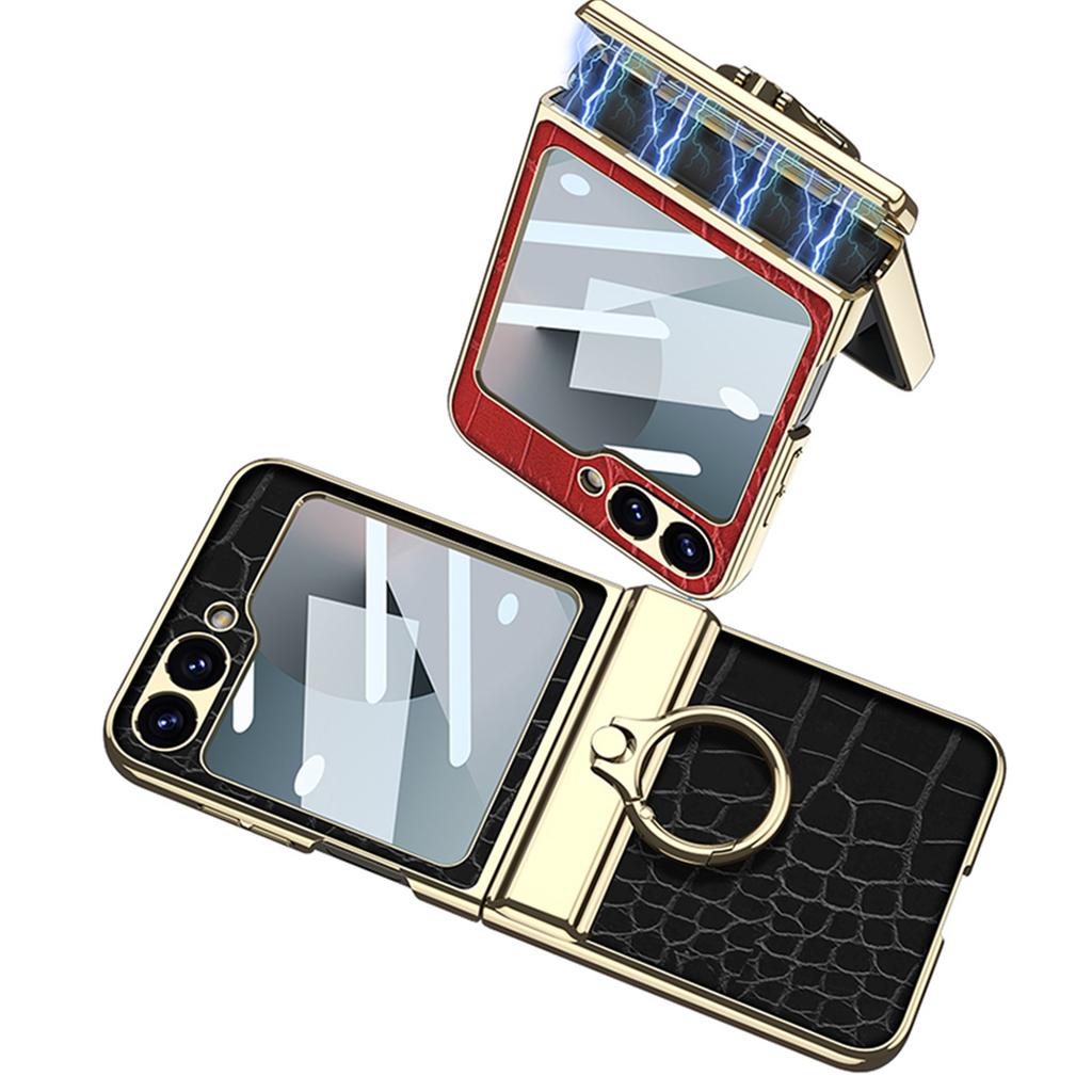 Luxury Plating Leather Case for Samsung Galaxy Z Flip 7 6 Magnetic All-included Hinge Ring Holder Cover for Galaxy Z Flip 5 Case