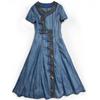 Johnature Summer Woman Chinese Style Single Breasted Cheongsam Dress Disc Buckle Vintage Embroidery Cowboy Dress