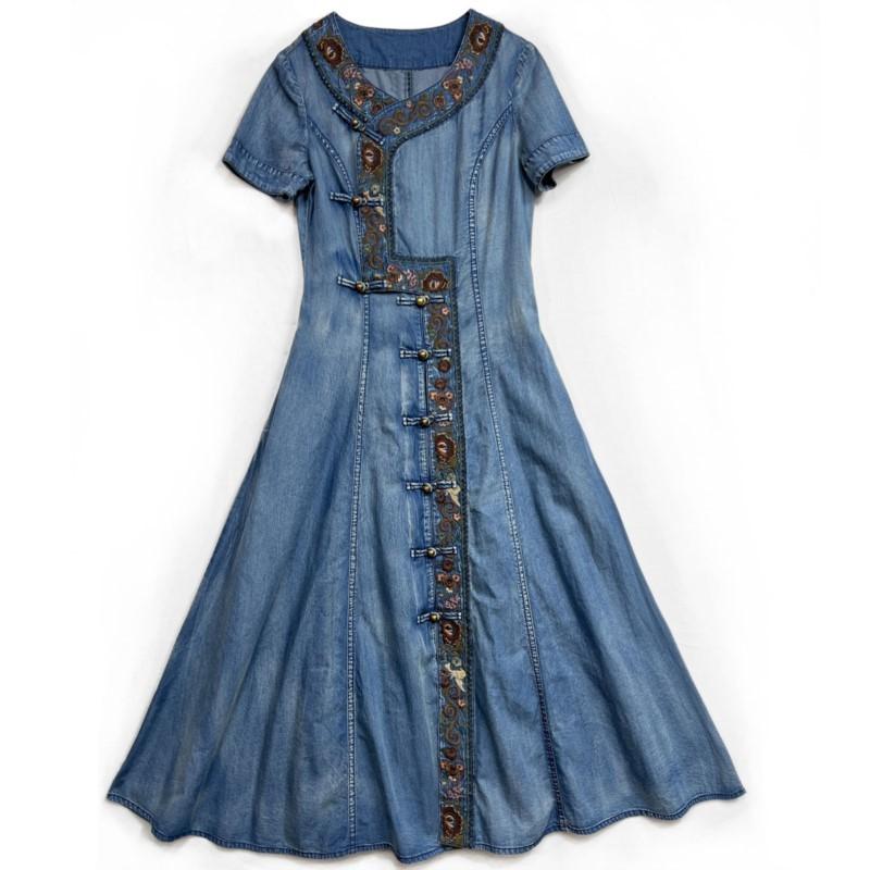Johnature Summer Woman Chinese Style Single Breasted Cheongsam Dress Disc Buckle Vintage Embroidery Cowboy Dress
