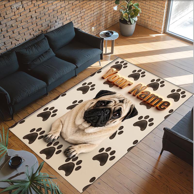 Pug Theme Crystal Velvet Floor Rug Personalized Custom Name Text Warm Carpet Home Decoration