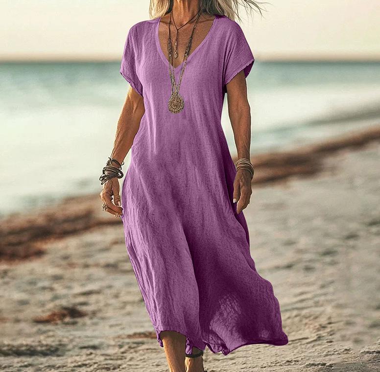 V-Neck Loose Solid Color Cotton Linen Women's Dress